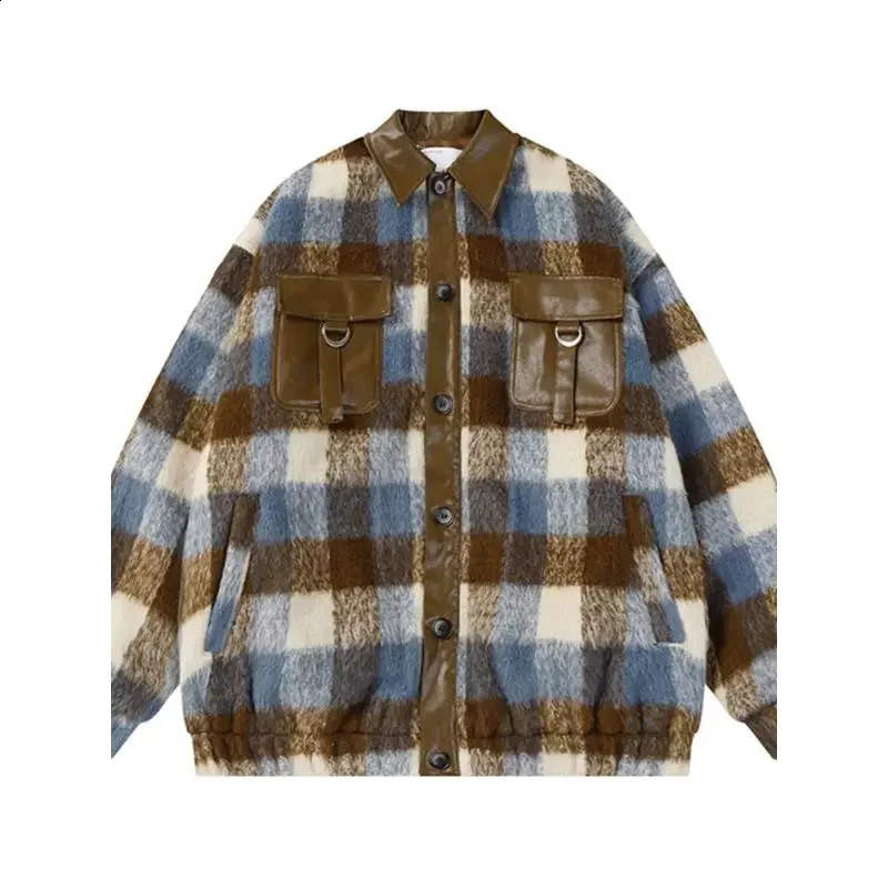 Spring/Summer American Checkered Wool Splicing Leather Jacket Womens Maillard Atmospheric Loose Jacket WS 240827