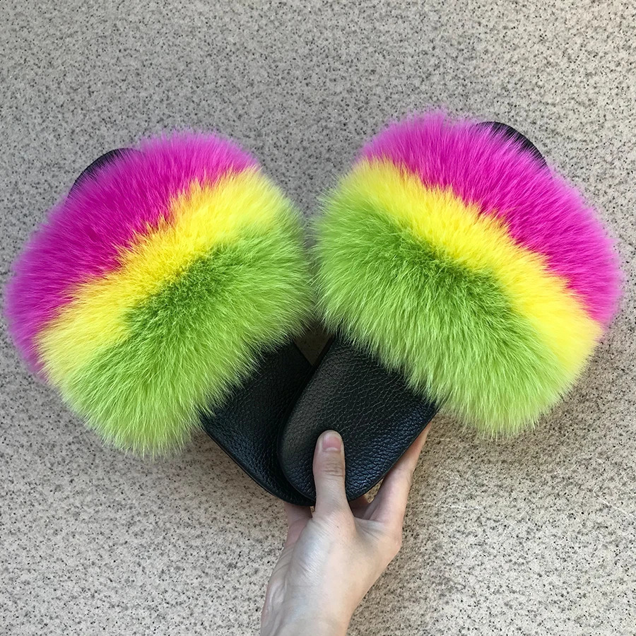 Q K Real Fox Fur Slider Womens Home Fluffy Slider Comfortable Fur Summer Apartment Sweet Womens Shoes Womens Fur Indoor Flip Cover 240827