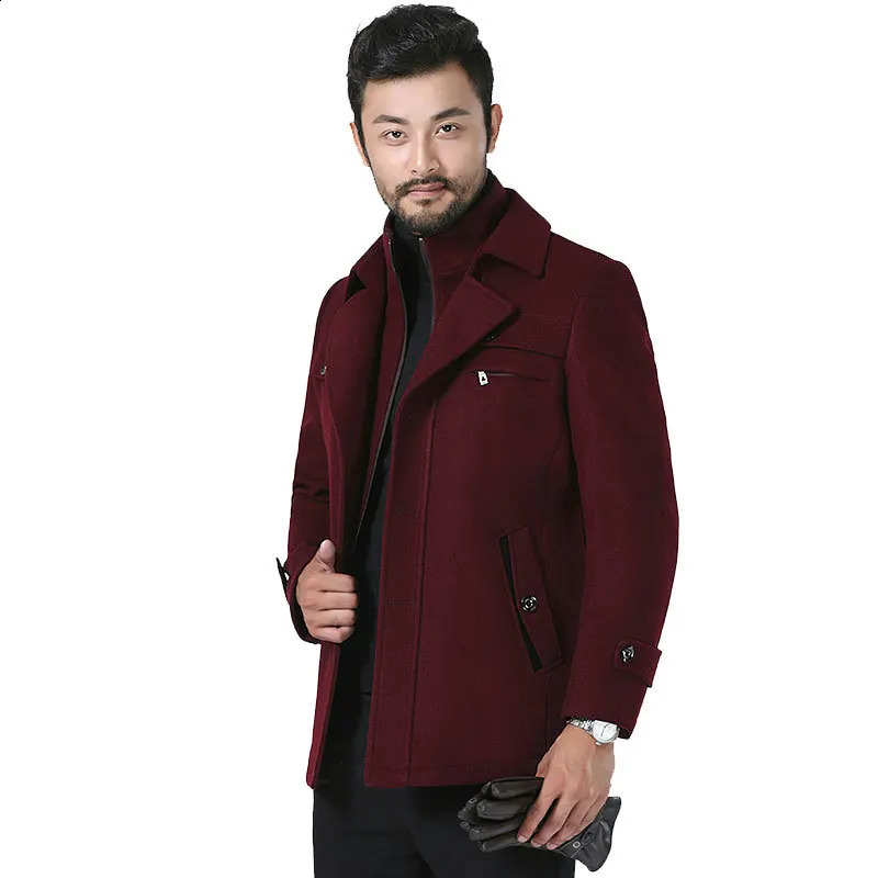 Autumn and Winter Black Thick Casual Mens Medium to Long Double Collar Wool Coat 240827