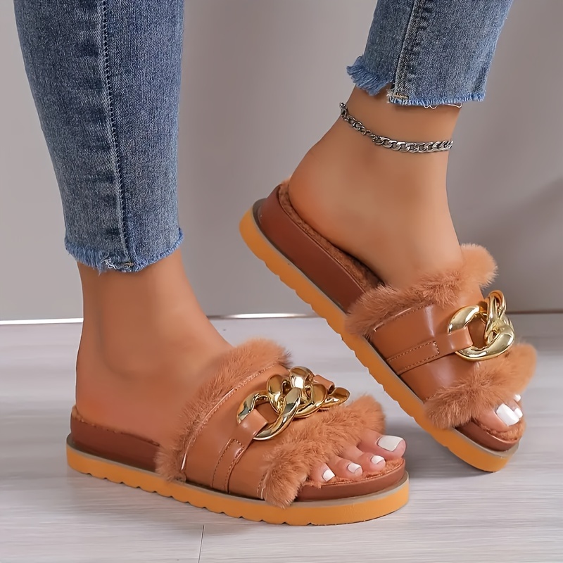 Soft & Cozy Plush Slippers - Low Heel, Slip-On, Strappy Back, Open Toe, Microfiber Synthetic Leather Upper, Thick Soft Sole, Fluffy Fuzzy Design for W