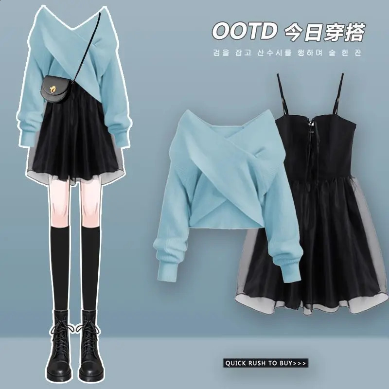 springsummer loose knit shawl sweater mini pleated short skirt twopiece set elegant womens skiing suit sexy dress 240827