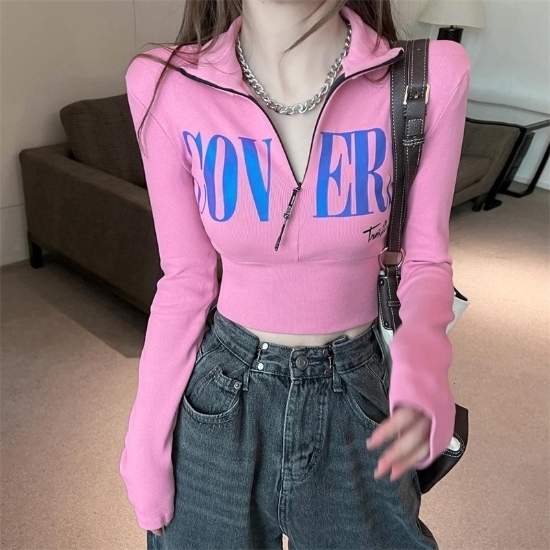 Zipper hoodie polo shirt womens sports shirt long sleeved Y2k crop top streetwear sexy tight Pullover Korean Kawaii clothing 240827