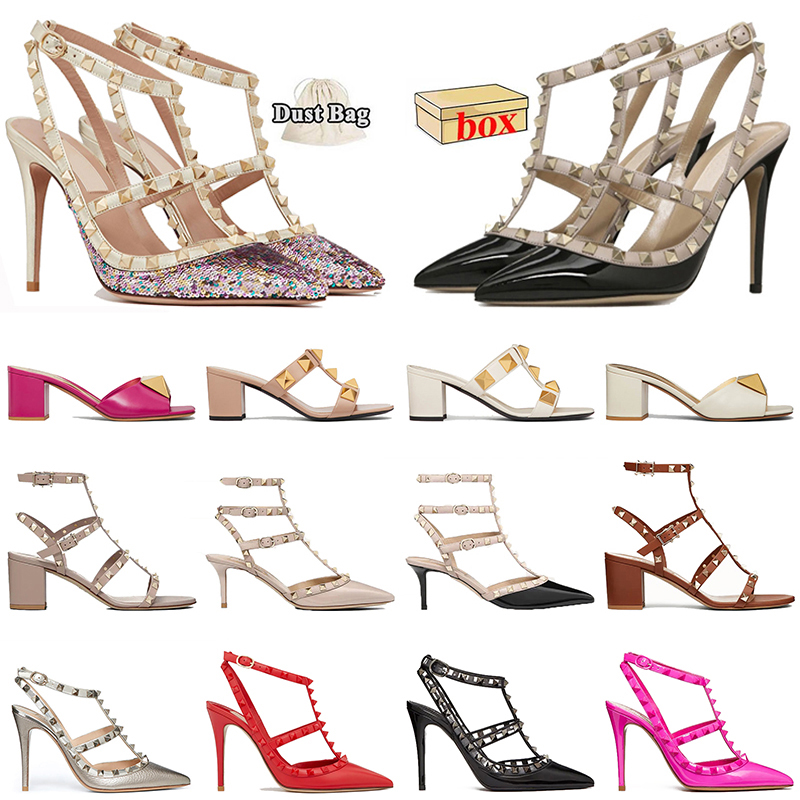 classic women luxury sandals dress shoes calfskin slingback high stud heels leather rivet pointed peep-toes lady sexy party wedding platform trainers sneakers