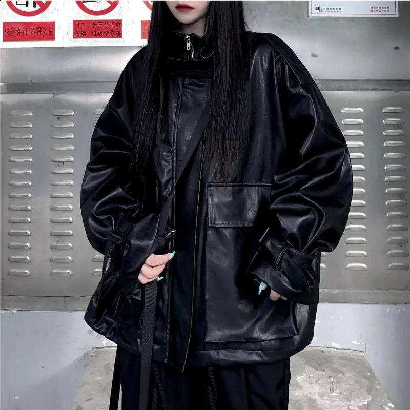 Deeptown Goth leather jacket womens Gothic oversized zipper Harajuku fashion streetwear jacket womens dark academic loose black 240827