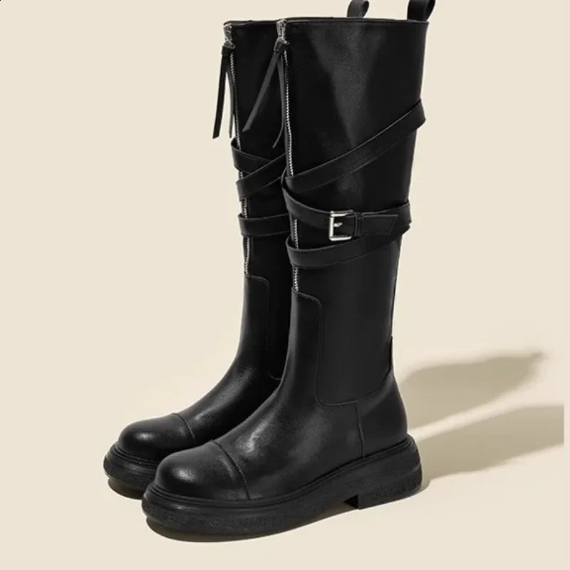 Womens Shoes High Quality Zip Womens Boots Fashion Belt Buckle Modern Boots Women Round Toe Knee-High Boots 240826