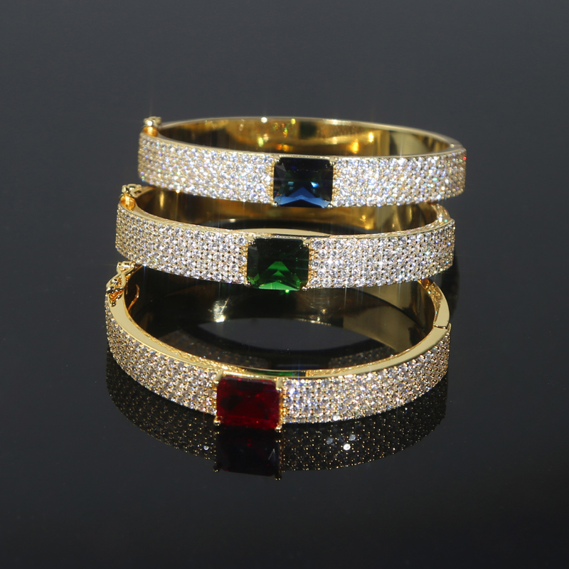 Bg Cz Wide Band for Women Paved Red Green Blue Zircon Gold Color Ice Out Bangle Bracelet Fashion Jewelry