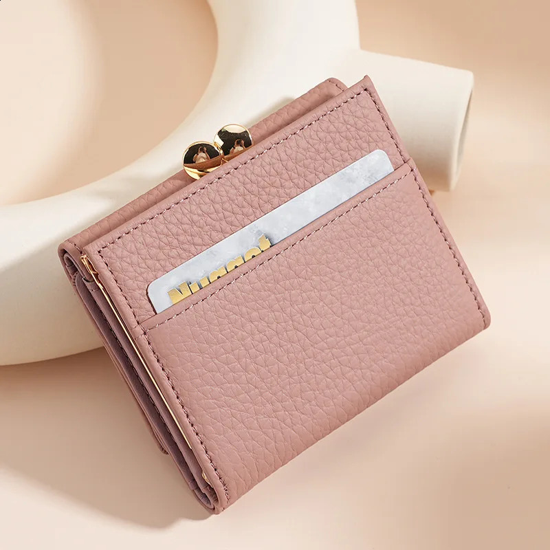 Women Kiss Lock Wallet Short Leather Kiss Clasp Metal Frame Coin Purse Small Card Holder Rfid Blocking Trifold Wallets for Women 240828