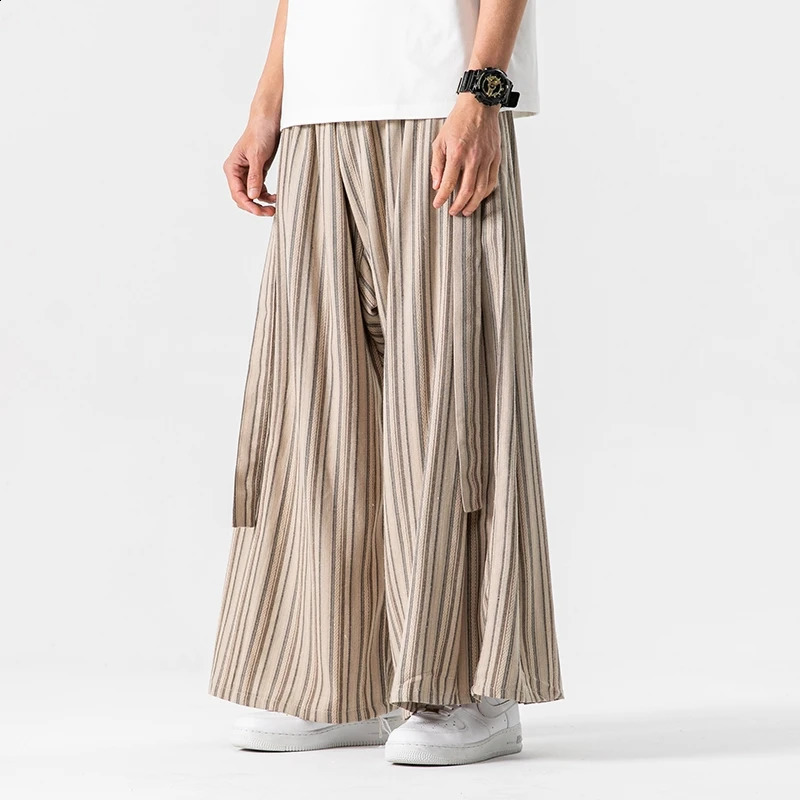 Striped wide leg pants mens Japanese style cotton linen retro fashion loose casual Nepalese robe Haori jogger Trouser 240827
