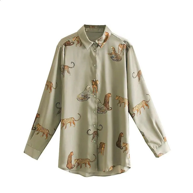 Womens animal print shirt satin effect long sleeved button tiger leopard shirt and blouse womens top 240828