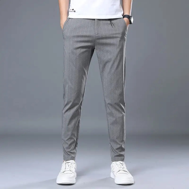 Korean printed striped straight suit mens button zipper pocket summer casual Trouser 240828