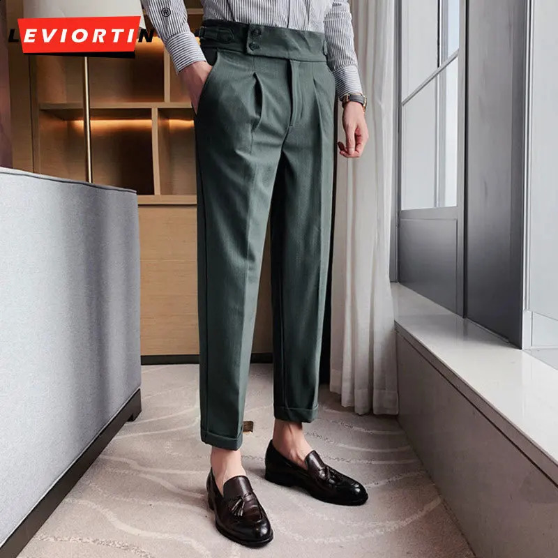 Dating office mens Naples Lamian Noodles high waist straight leg pants striped curly hem casual suit pants spring/summer 240828