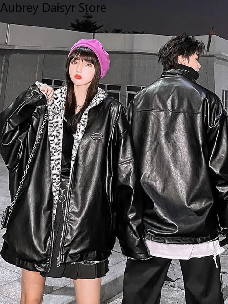 Winter warm leather jacket for women thick leopard print synthetic sheepskin coat Harajuku cedar lined reversible womens coat 240827
