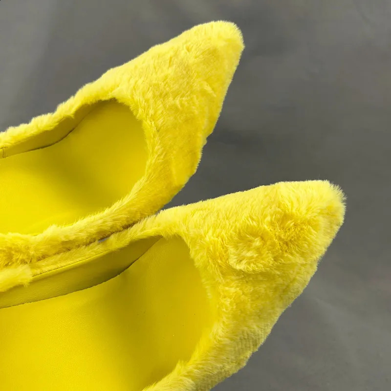 Yellow faux fur wedding shoes high heels pump womens pointed toes shallow party dress slim high heels plush high heels 12cm 240827