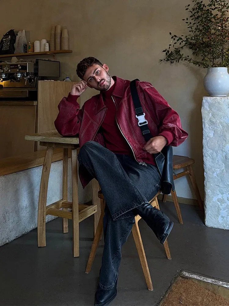 Mens retro patchwork lapel long sleeved jacket fashionable solid zipper oversized casual spring and autumn mens high street clothing 240827