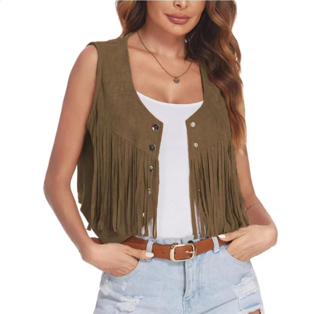 Womens artificial suede ethnic sleeveless jacket with rivet edge Tassel hippie open top 240828