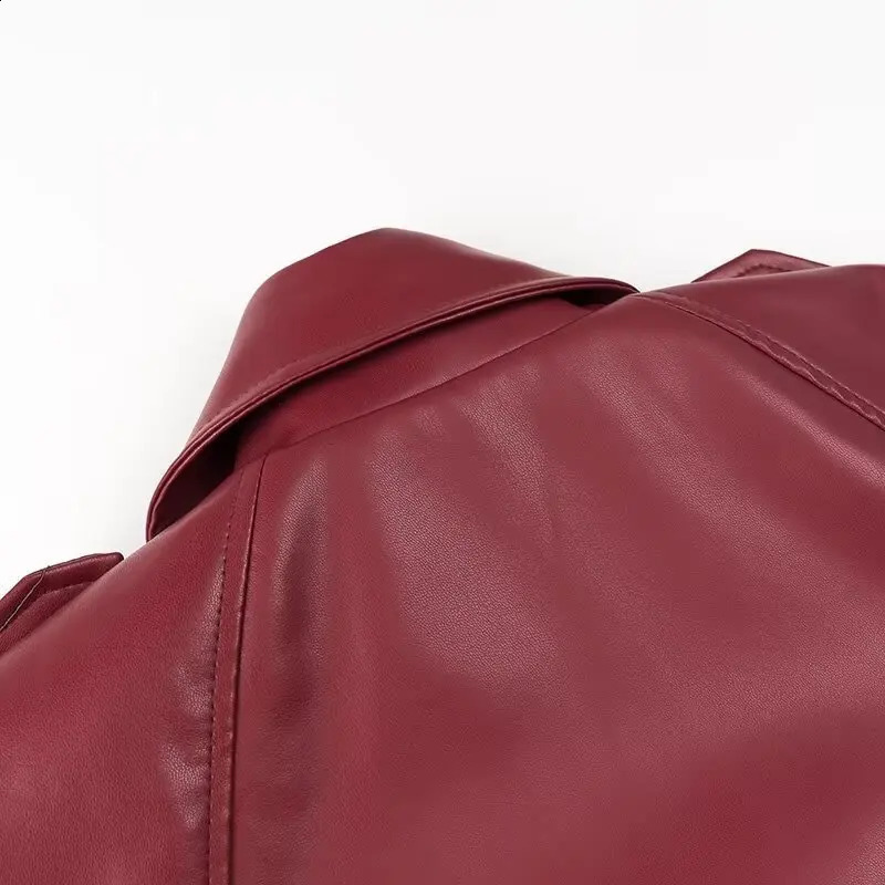 Suninhaart Winter Autumn Retro Artificial Leather Jacket Fashion Short Belt Bomber Jacket Womens Wine Street Jacket 240827