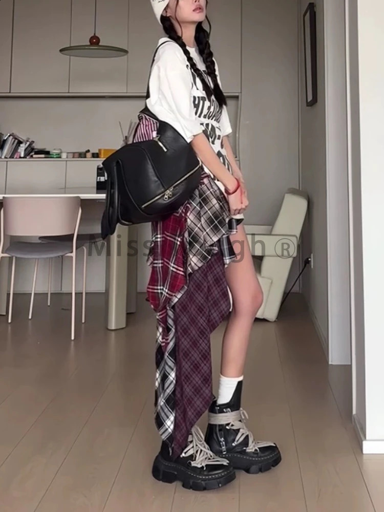 Vintage Fashion Grunge Plaid A-line Skiing Summer Womens High Street Sexy Ultra Thin Mini Skiing Asymmetric Y2k Street Clothing 240828