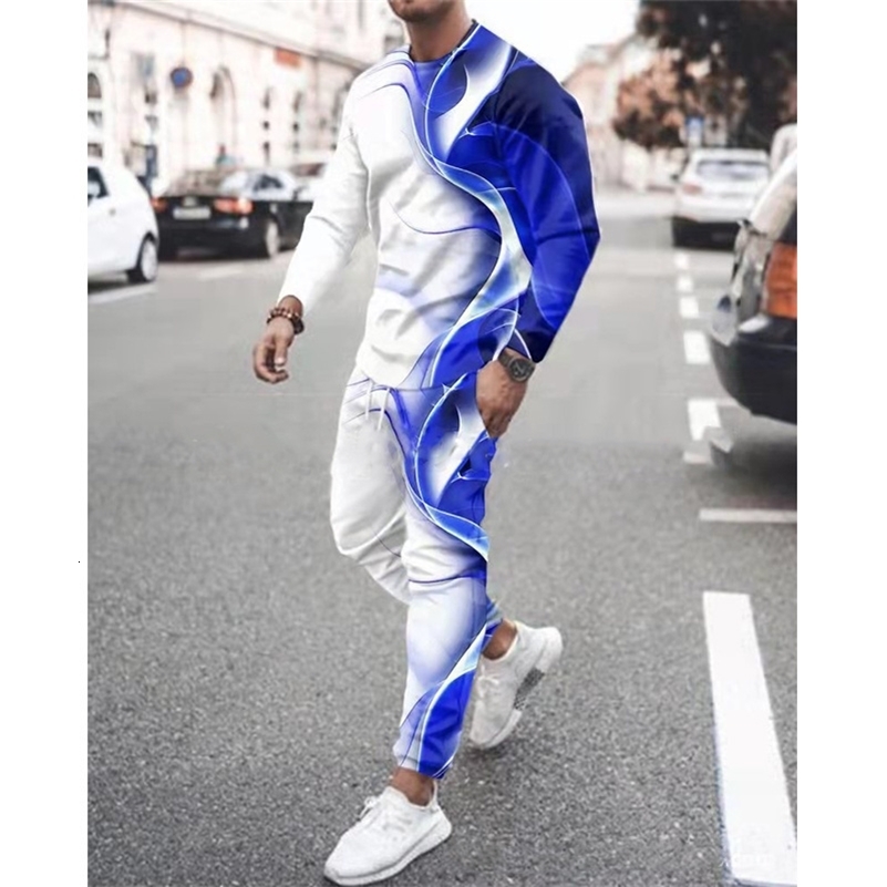 Autumn mens long sleeved T-shirt set sports pants 3D printed casual mens clothing fashionable oversized sportswear 2-piece set 240827