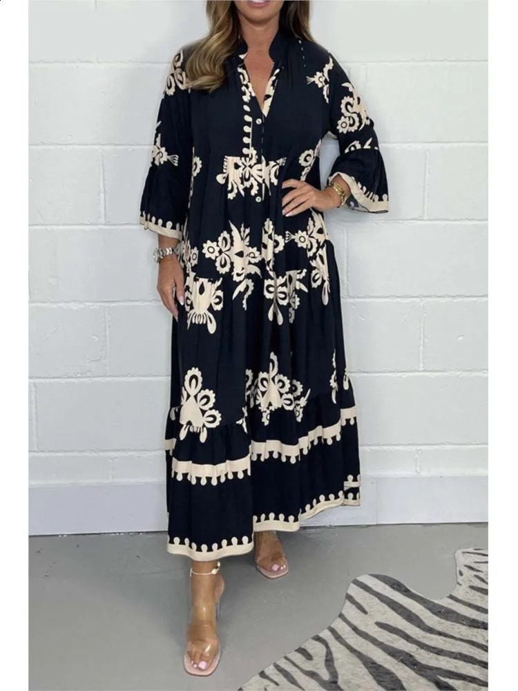 Womens Printed Loose Ethnic Retro Dress Spring and Autumn V-neck Button A-line Long Dress Summer 3/4 Sleeve Bohemian Long Dress