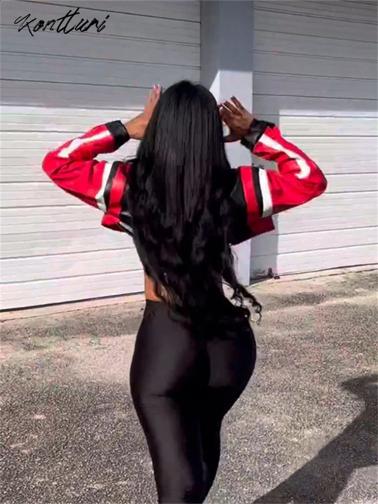 Kontturi Autumn Retro Racing Pu Womens Leather Jacket O-neck Long sleeved Crop Top Street Letter Printing Red Zipper Jacket 240827