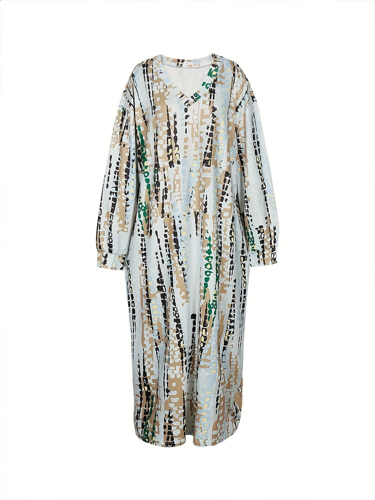 Plus size springsummer womens Vneck long sleeved loose casual irregular pattern printed dress 240828