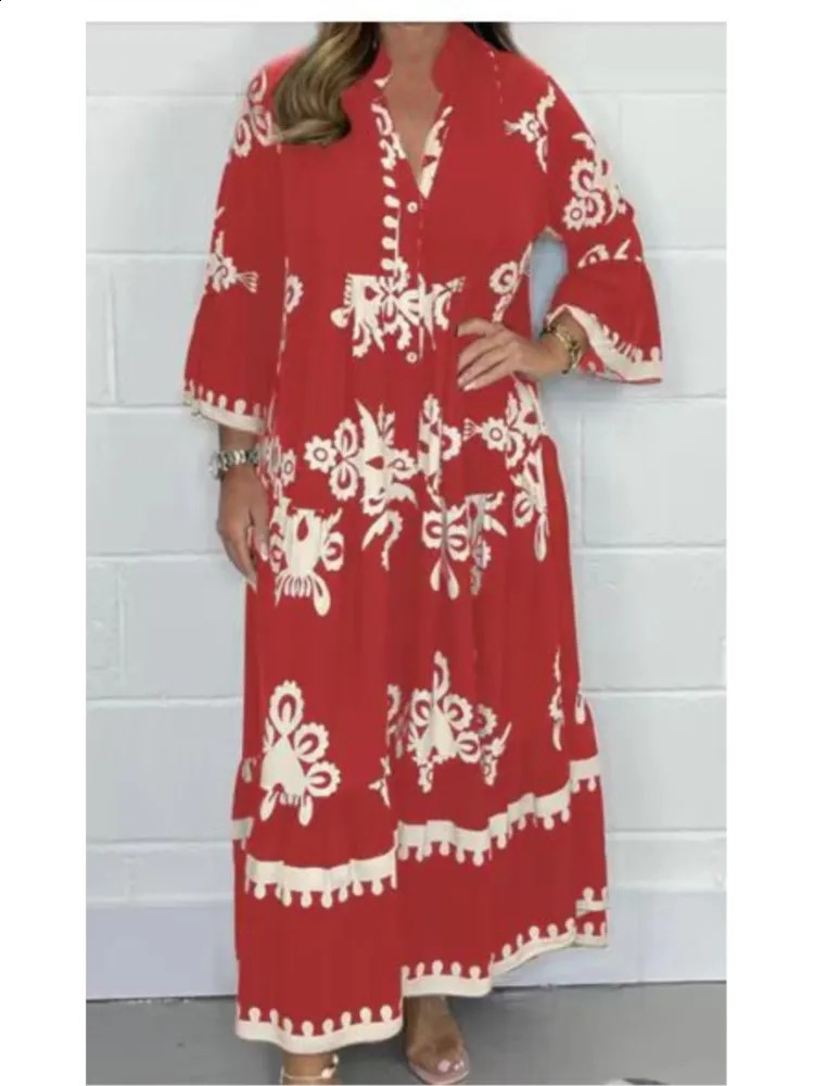 Womens Printed Loose Ethnic Retro Dress Spring and Autumn V-neck Button A-line Long Dress Summer 3/4 Sleeve Bohemian Long Dress