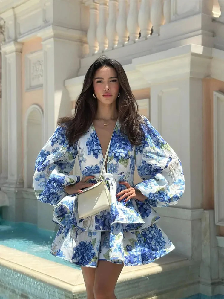 Womens Elegant Printed Vneck Ruffle Mini Dress Summer Sexy Long Puff Sleeve High Waist Vestidos Beach Vacation Robe 240828
