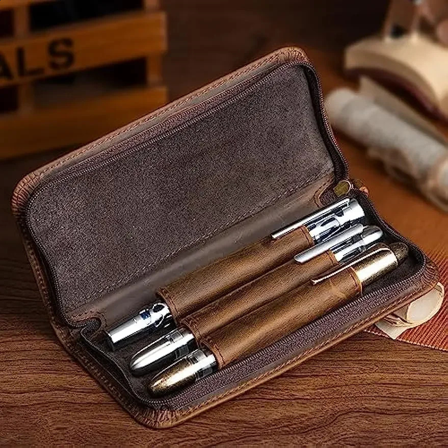 Asvine Vintage Real Leather Fountain Pen Case 3 Divided Slot Zippered Pen Pouch Rollerball Pen Handmade Display Stand 240827 - view 6