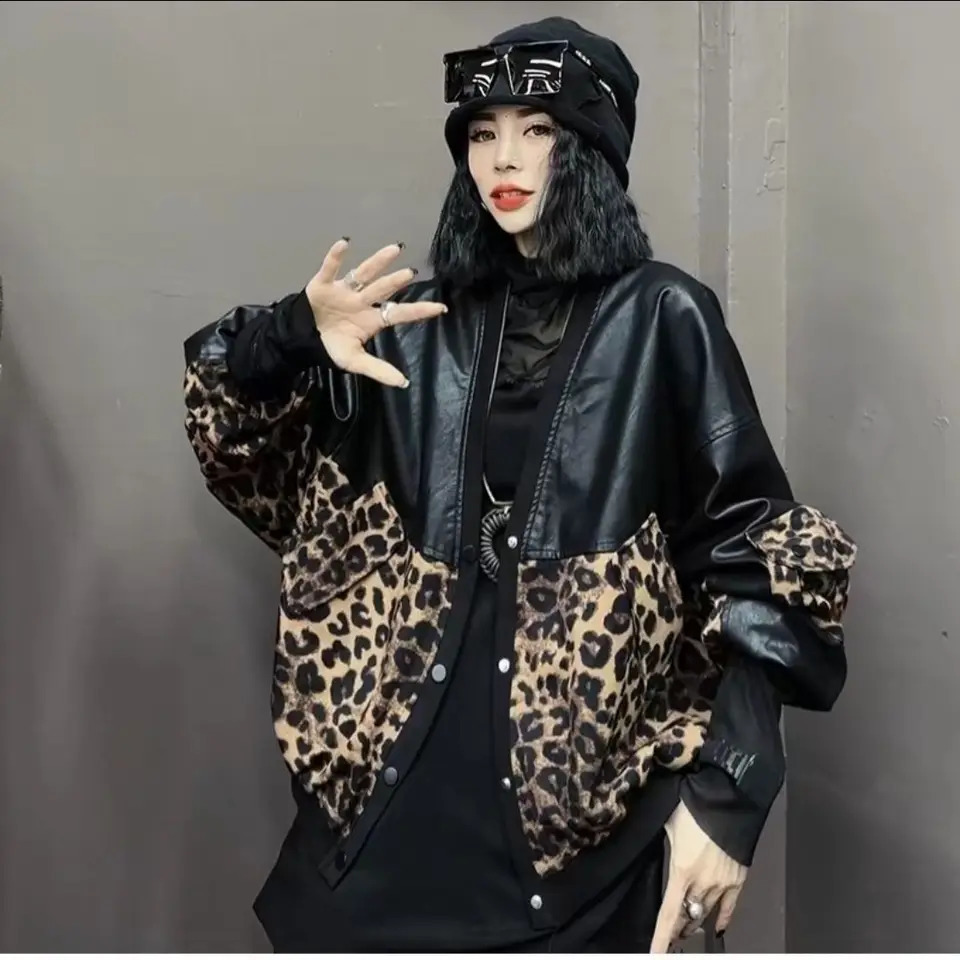 Autumn Leopard Pattern Splicing Leather Jacket Womens Warm Open PU Leather Jacket Long Sleeve Loose Top Womens Coat 240827
