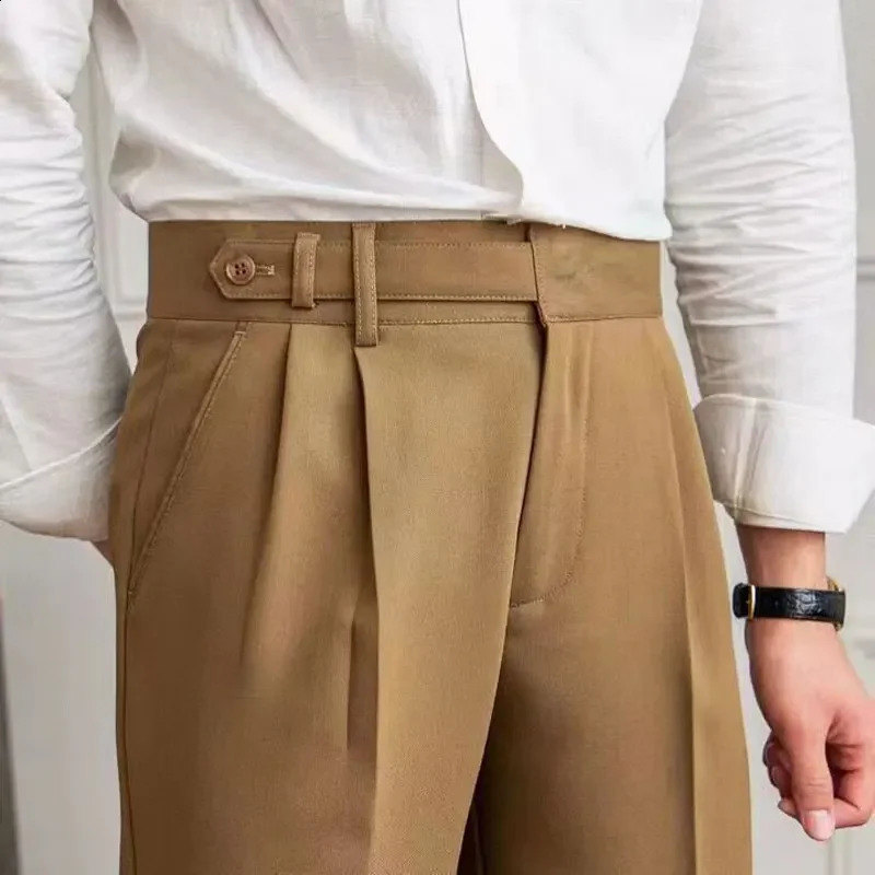 Mens high waisted Paris buckle straight Trouser high-quality Naples set pants summer thin English style business casual street pants 240828