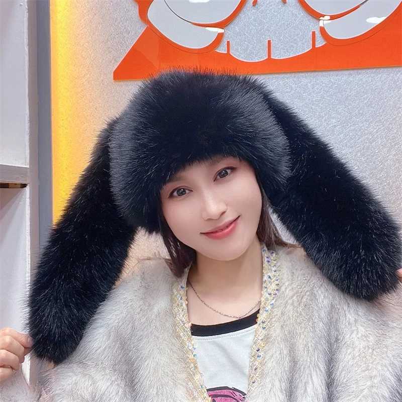Autumn and Winter Women Stay Warm Artificial Fox Fur Long Eared Potted Hat Womens Fashion Leisure Party Music Festival Thick Fighting Hat W240827