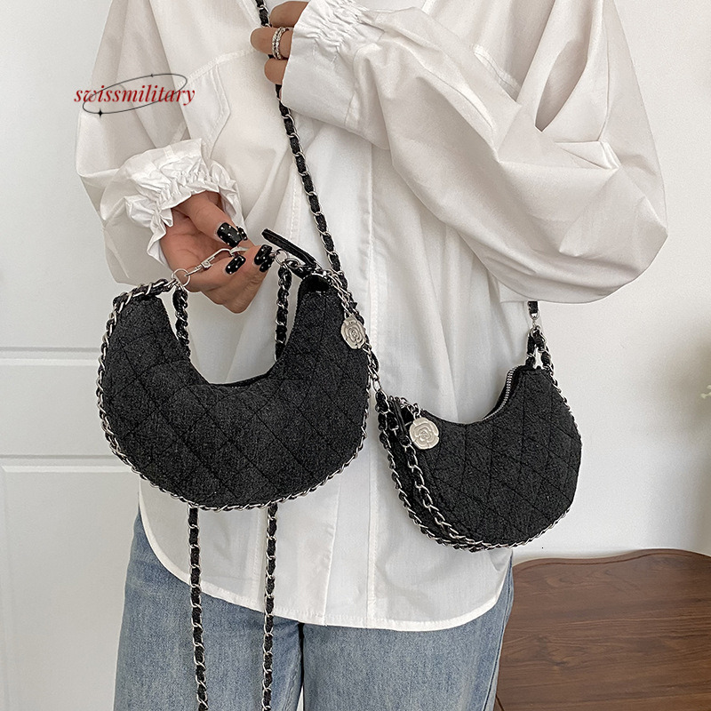 Swissmilitary 2024 new denim cloth women's fashion diamond grid embroidery thread chain crossbody bag, internet famous versatile crescent bag #31