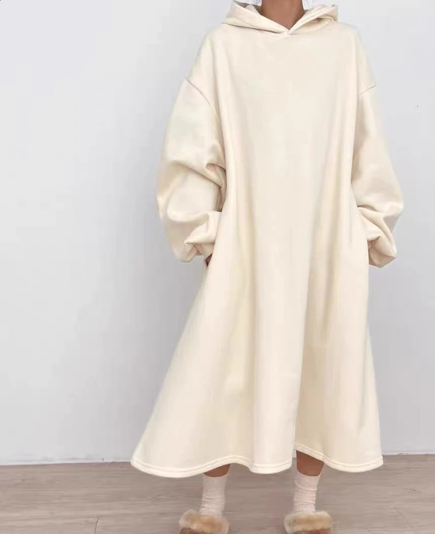 Womens split hoodie gray dress simple laser style brushed hood long arm length autumn and winter 240827