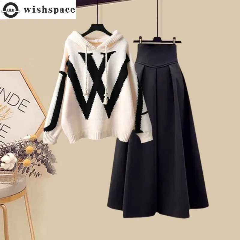 Autumn and Winter Set Womens Korean Edition Reduced Knitted Hoodie Top Versatile Casual Half Skirt Two Piece 240827