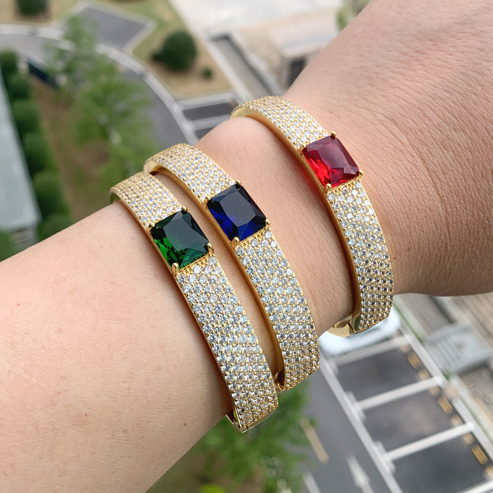 Bg Cz Wide Band for Women Paved Red Green Blue Zircon Gold Color Ice Out Bangle Bracelet Fashion Jewelry