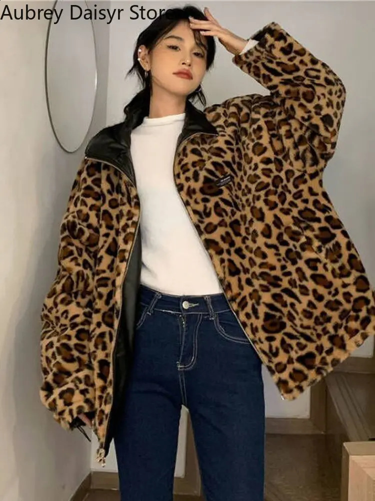 Winter warm leather jacket for women thick leopard print synthetic sheepskin coat Harajuku cedar lined reversible womens coat 240827