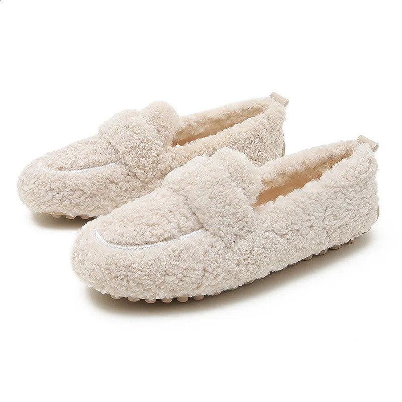 34-43 Large Lambwood Mokasin Womens Curly Sheepskin Flat Bottom Womens Warm Fluffy Winter Cotton Shoes Womens Fur Snow Boots 240827