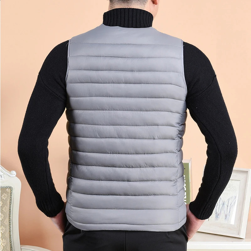 Mens warm cotton vest autumn mens sleeveless jacket middleaged and elderly solid color Vneck single chest down 240827