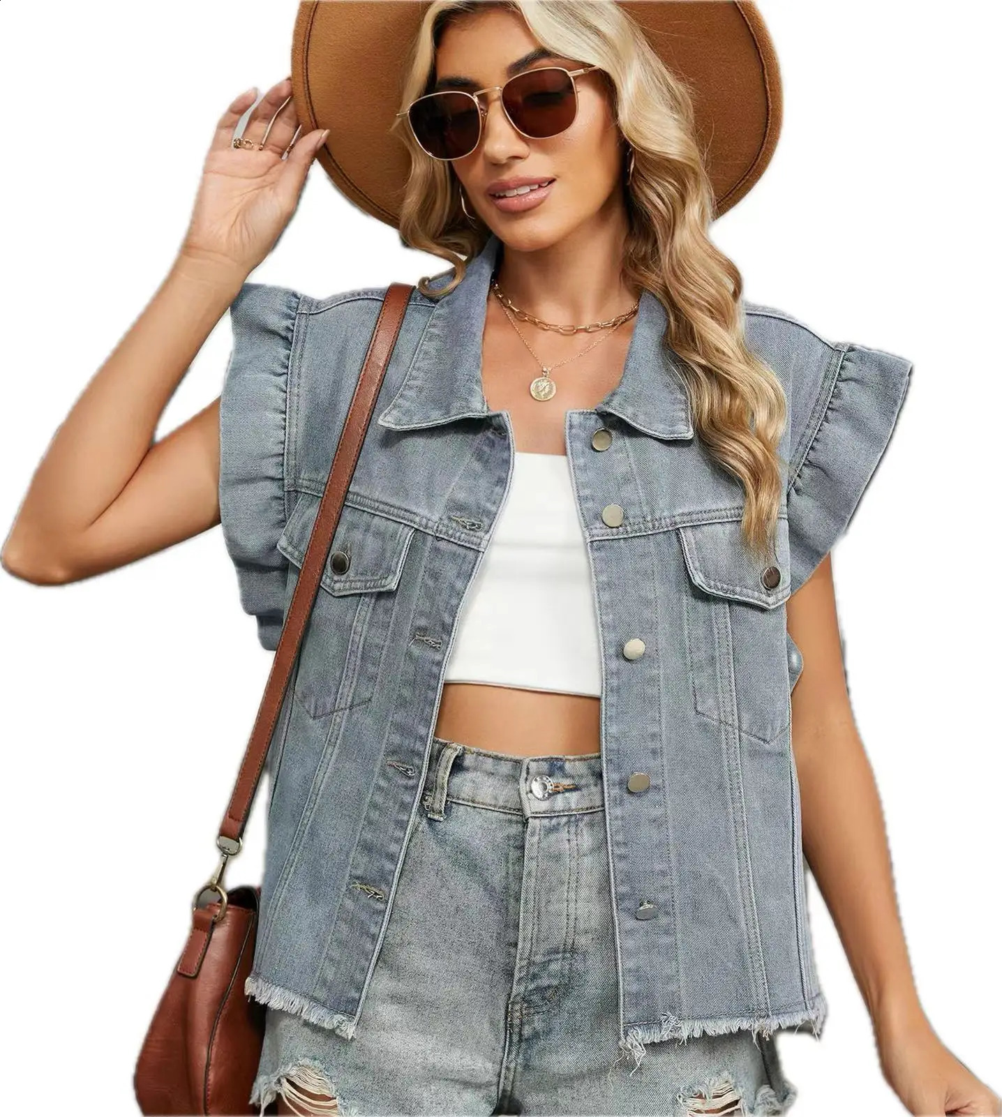 retro pleated edge decoration sleeveless denim vest for womens spring and autumn single chest casual jeans jacket for women 240828