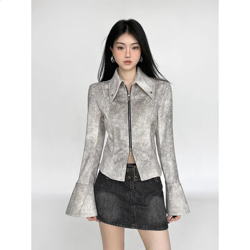 Womens gray shirt personalized summer fashion Y2K long sleeved fashion POLO collar womens clothing zipper top 240827
