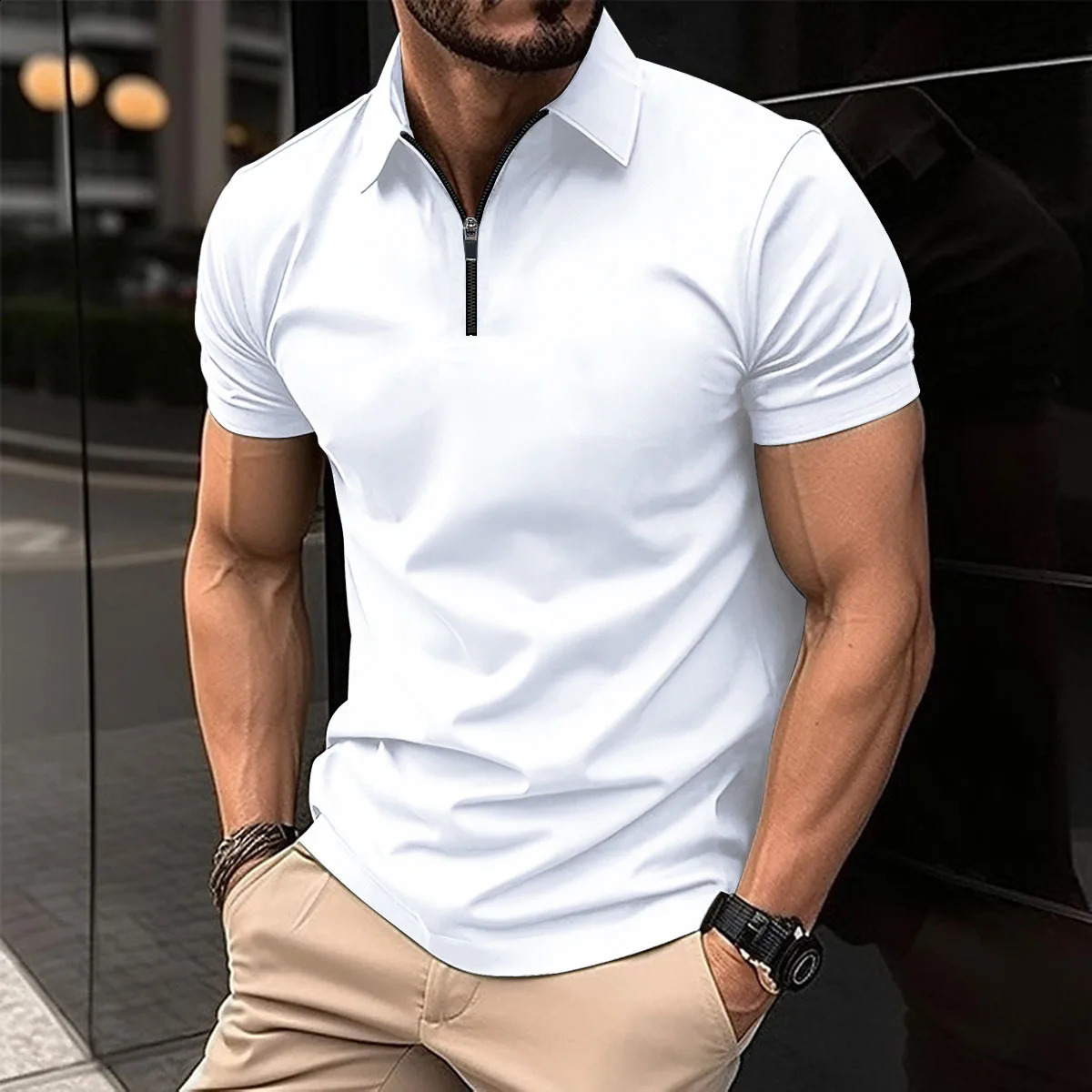 Mens summer short sleeved polo shirt mens half zipper solid color casual sports Tshirt loose fit 240828
