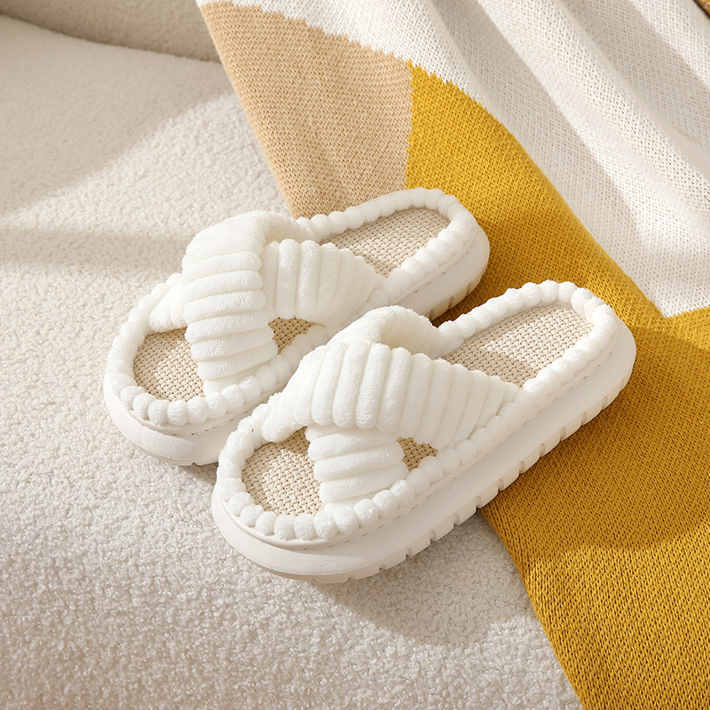 Cozy Chic Plush Platform Slippers - Easy Slip-On, Cross-Strap Design, Solid Color Comfort for Stylish Indoor Use