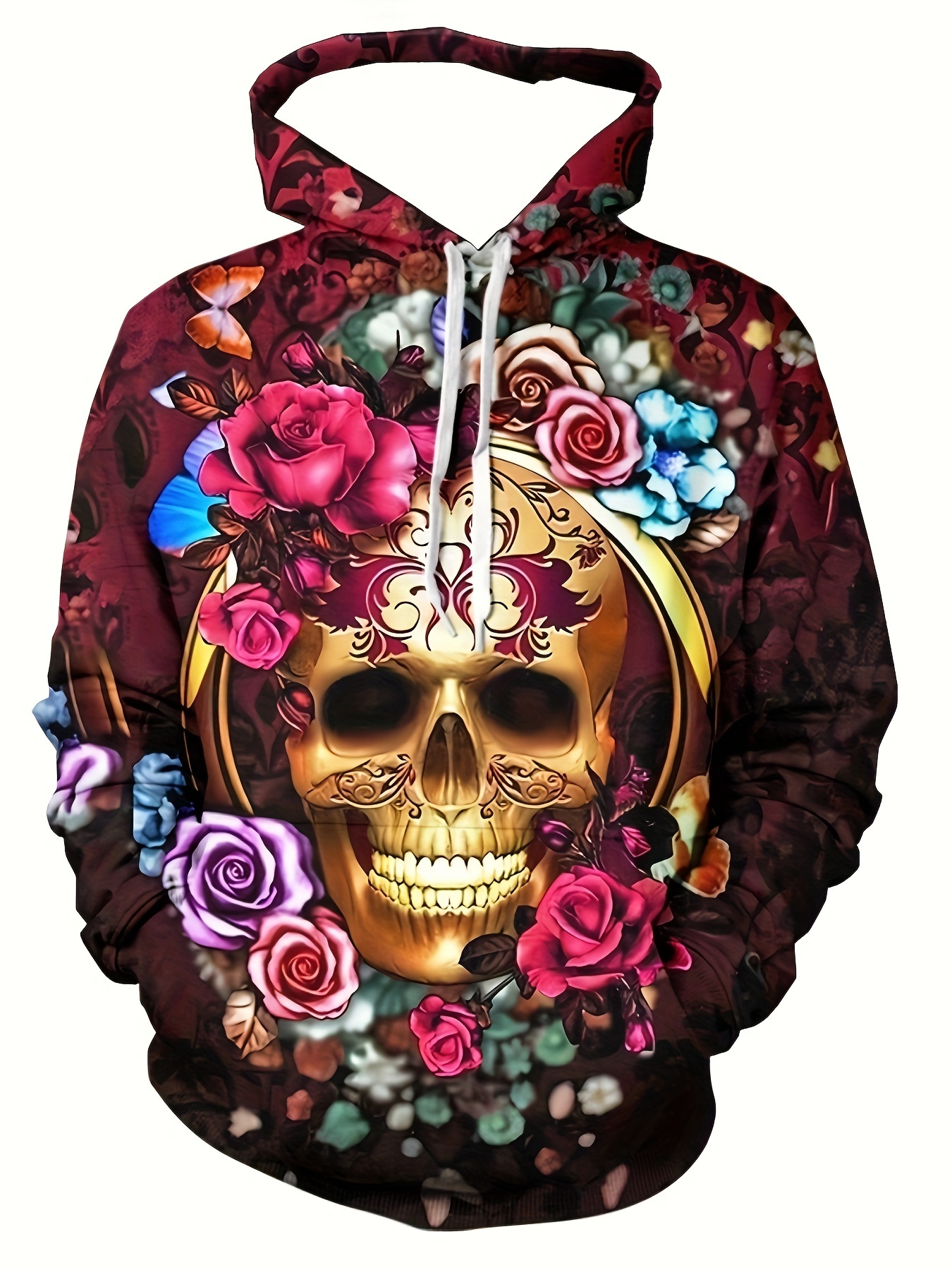 Halloween Men's 3D Digital Retro Style Golden Skull And Rose Print Hooded Sweatshirt With Kangaroo Pocket, Sports Fashion Hoodie For Spring And F