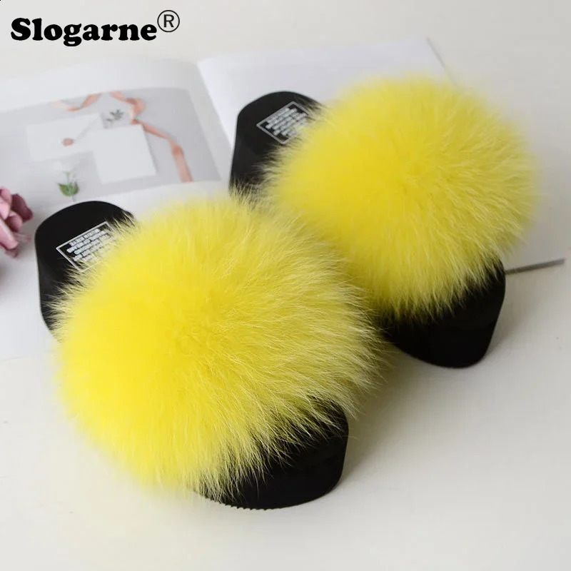 Womens modern fox fur slider womens fashionable outdoor fur slider 5cm thick soled summer platform shoes womens high heels flip cover 240827