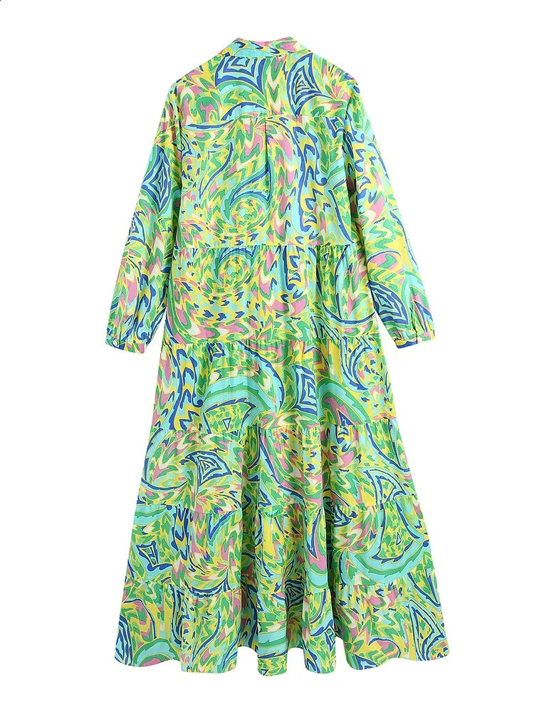 Foridol Paisley printed shirt dress elegant autumn spring green floral print bohemian womens long skirt sleeved Vestido 240828