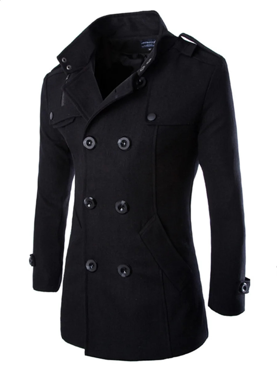 Mens coats trench winter mens pea double breasted wool and blend ed clothing W01 240827