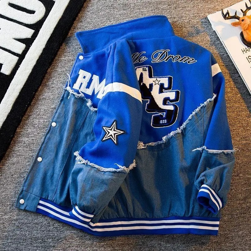 American retro denim sewn fashionable embroidered jacket for men personalized trendy top baseball uniforms in spring and autumn 240827
