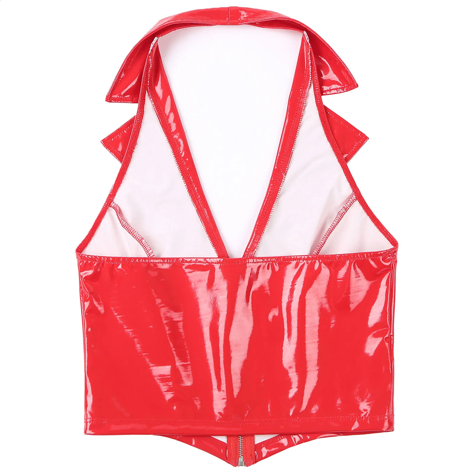 Sexy womens smooth patent leather vest crop top ceiling notch lapel backless deep V-neck zipper ultra-thin suitable for waist belt party club wear 240