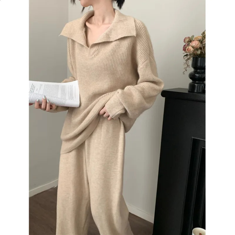 Winter Warm Knitted Two Piece Set for Womens Clothing Korean Casual Solid Collar SweaterWide Leg Pants 240827