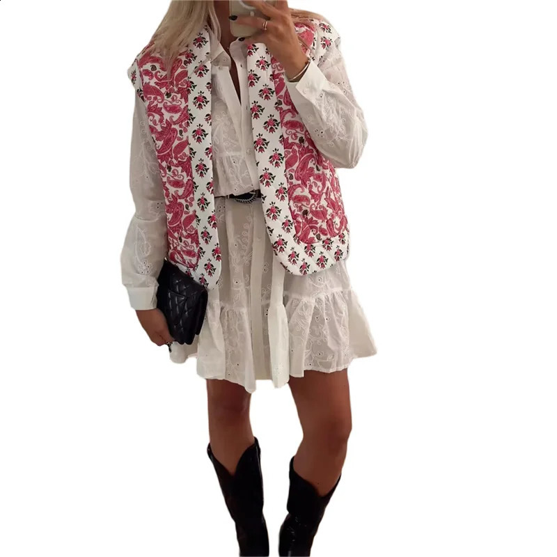 Lamuusaa Quilted Vest Womens Y2K Clothing Flower Printed Sleeveless Open Front Jacket Autumn/Winter Vest 240828